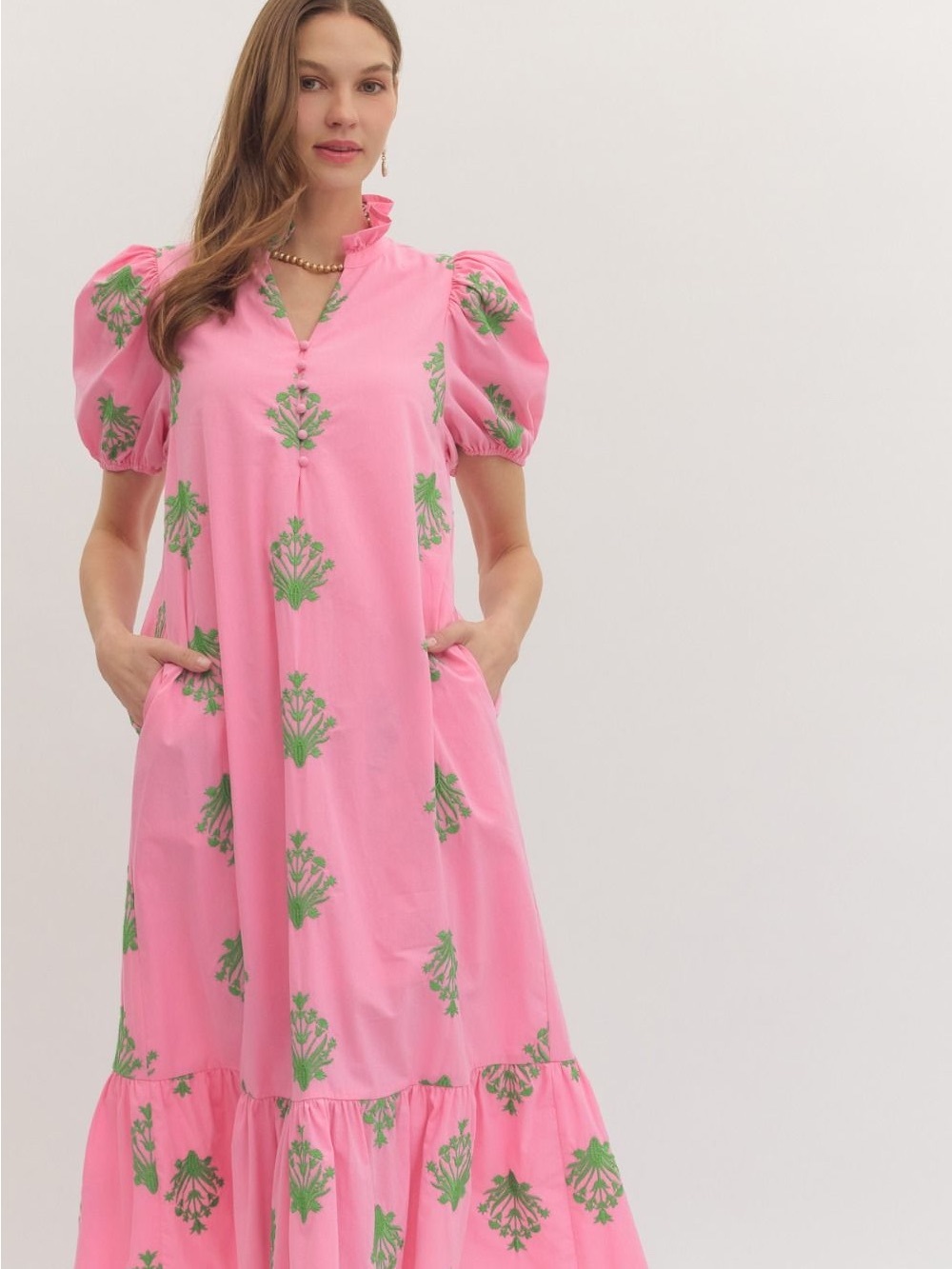 ENTRO Pink Puff-Sleeve Floral Maxi Dress NWT